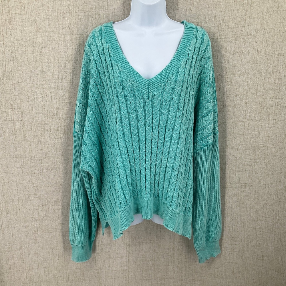 POL Sweater Women Medium Aqua Turquoise Cable Knit V-Neck Oversized Boho